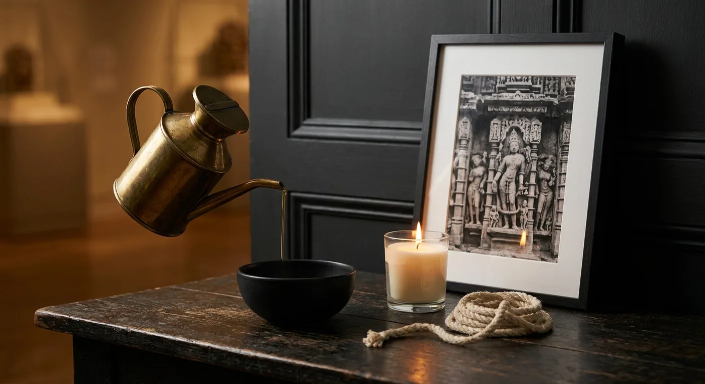 Editorial still life: бронзовый кувшин с маслом, свеча, кольцо натуральной верёвки, отпечаток индийской храмовой резьбы у задней стены