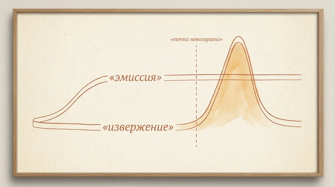 Графика двух волн на тёплом кремовом фоне — фаза эмиссии и фаза извержения, разделённые точкой невозврата