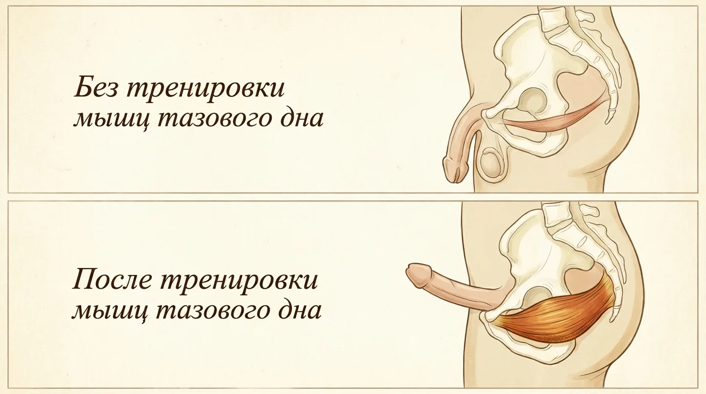 Анатомическая схема таза мужчины с лобково-копчиковой мышцей в двух состояниях — до тренировки и после