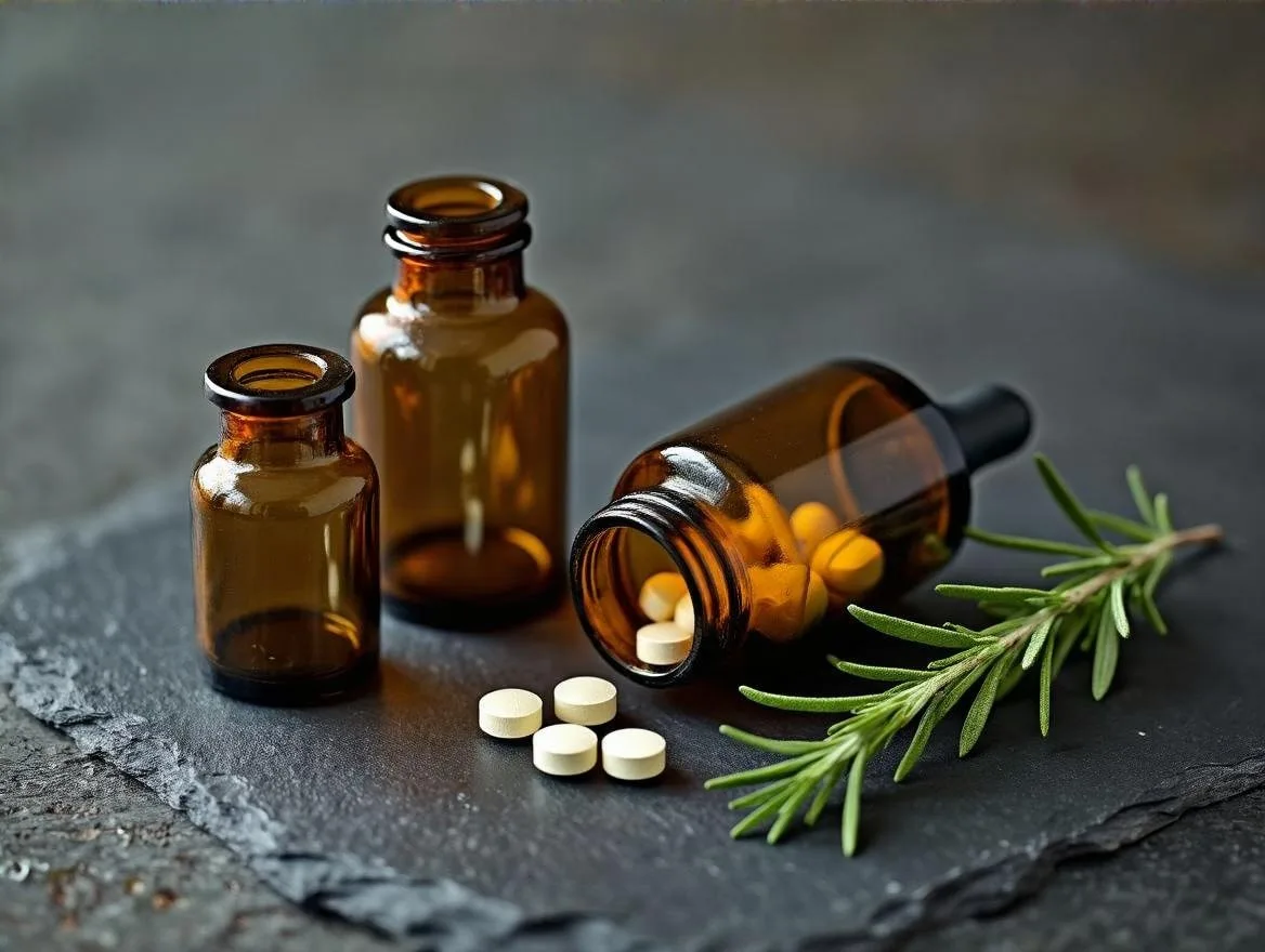 Тёмная сланцевая поверхность, амберные стеклянные флаконы, веточка розмарина, белая ткань